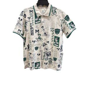 Disney Mickey Golf Polo Shirt Medium Beige Green Allover Print Classic Style